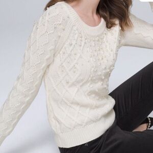 White House Black Market Ivory Cable Knit Sweater with Pearls
